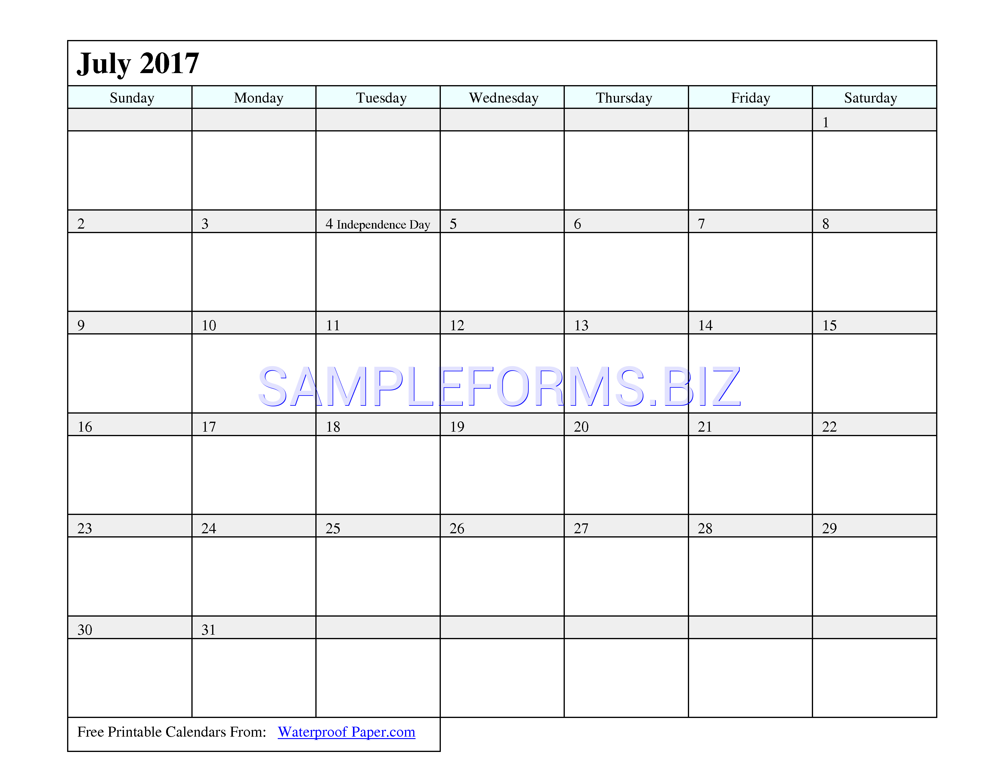 Preview free downloadable July 2017 Calendar 2 in PDF (page 1)