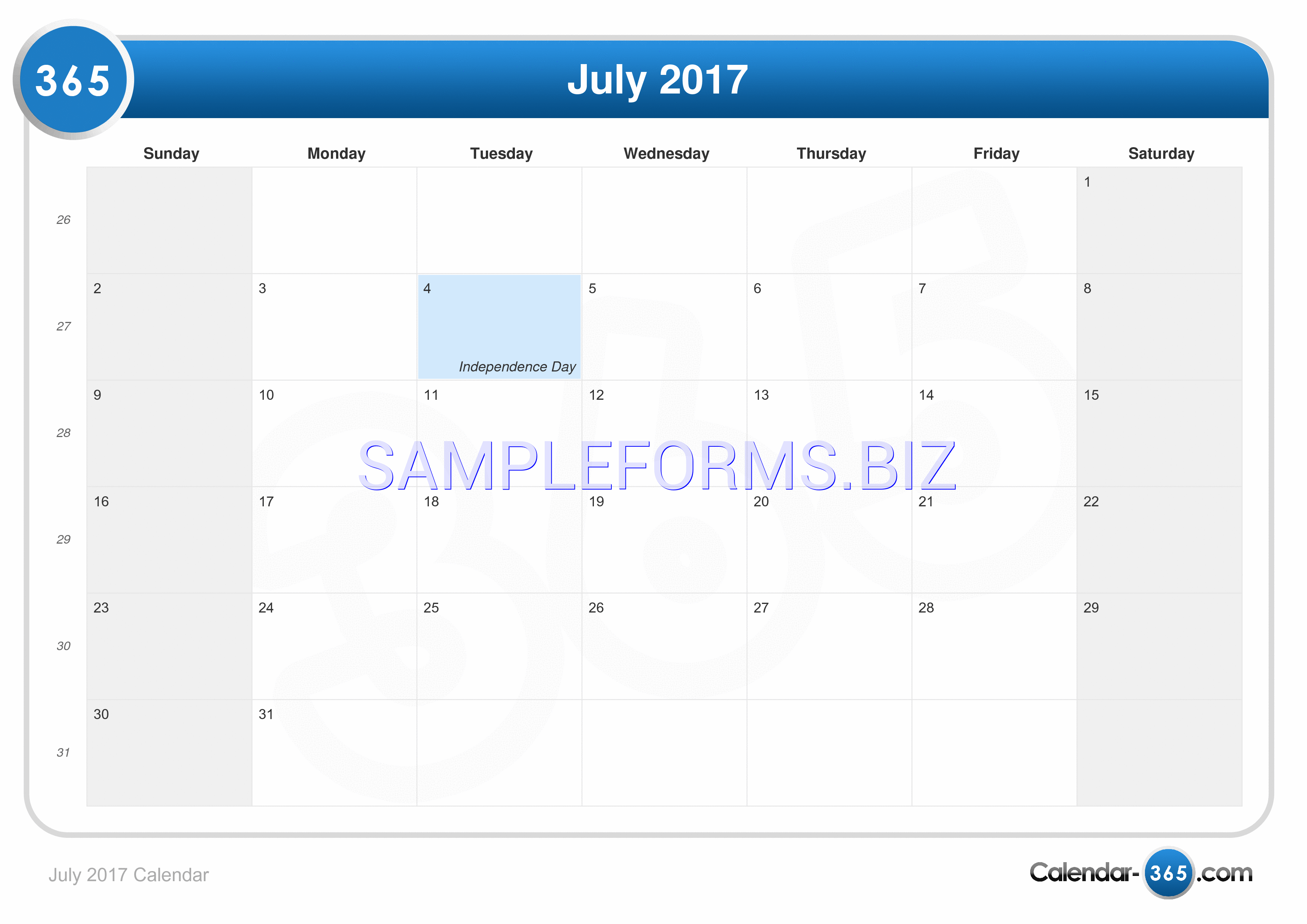 Preview free downloadable July 2017 Calendar 3 in PDF (page 1)